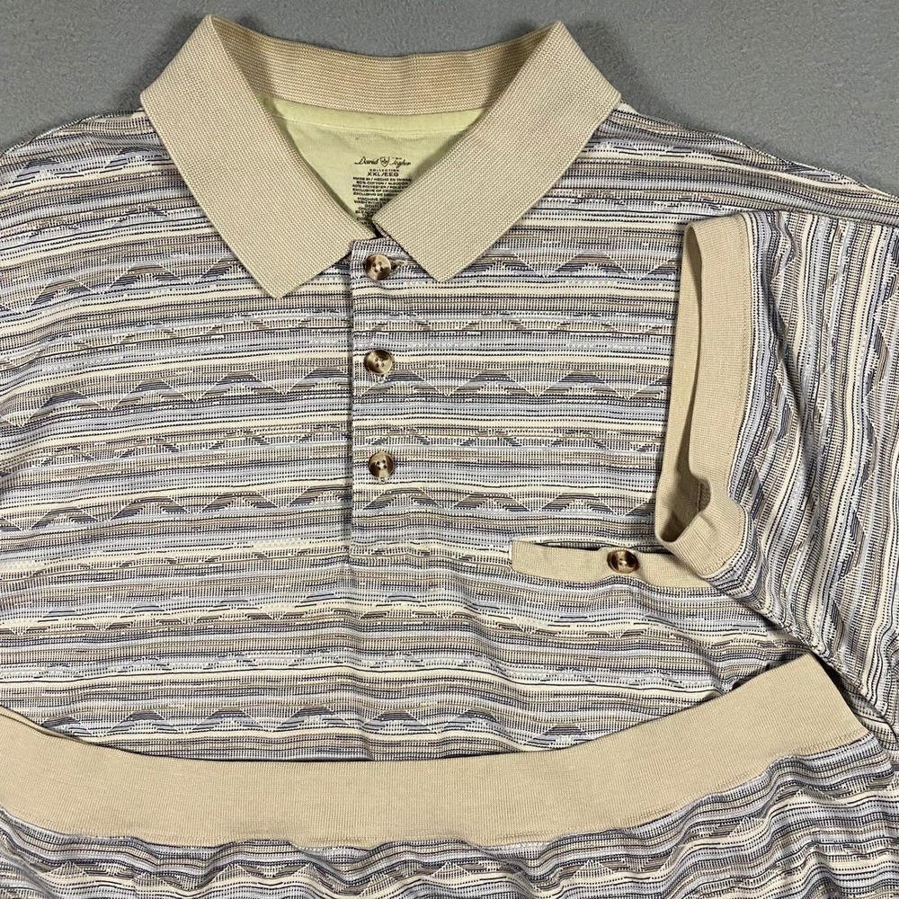 David Taylor Mens XXL Polo Shirt Tan Blue Geometric Stripe Banded Hem Pocket